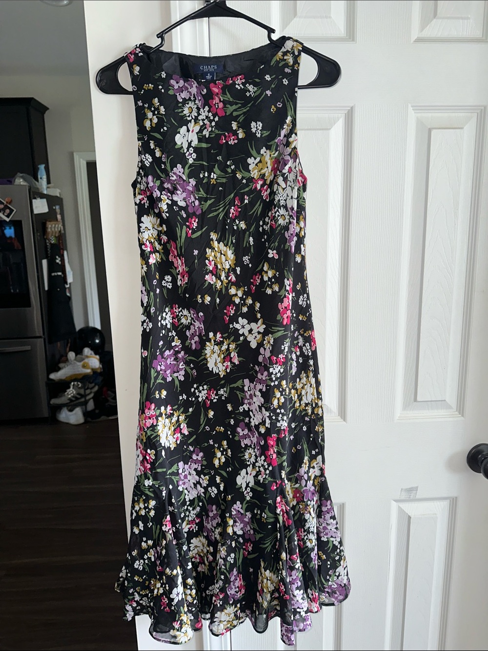 Chaps Black Floral Sleeveless Maxi Dress with Pink, Purple & Yellow Blooms